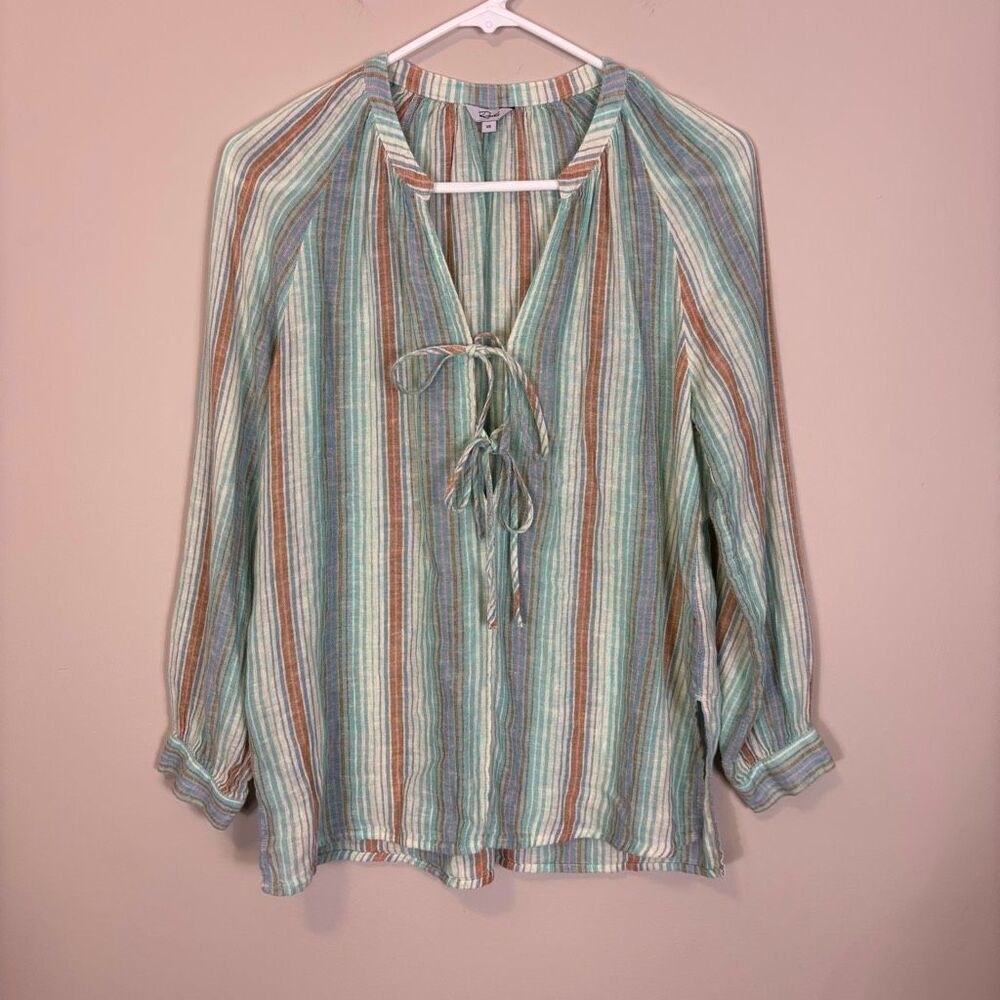 Rails Green with Orange, Pink, and Blue Striped Long Sleeve Blouse Top XS